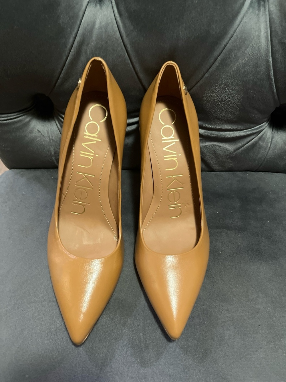 Calvin Klein Tan Patent Leather Pointed Toe Slip On Stiletto Pump 6.5